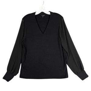 Talbots Knit Blouse L Black V Neck Mixed Media Long Sleeve Classic‎ Career Style
